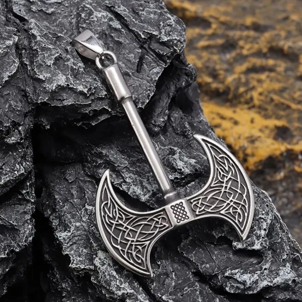 Men's Viking Axe Pendant Necklace Silver Tone Celtic Knot Double Blade Norse